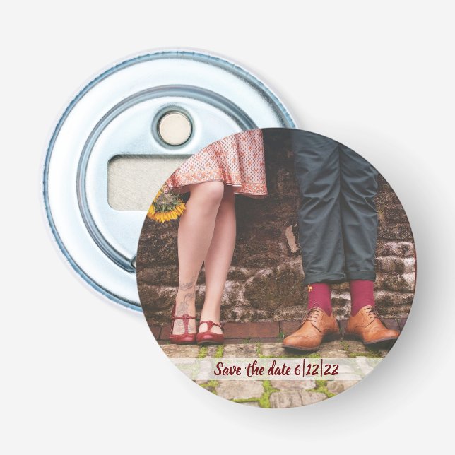 Quirky Save the Date kundenspezifischer Foto-Flasc Flaschenöffner (Vorderseite)