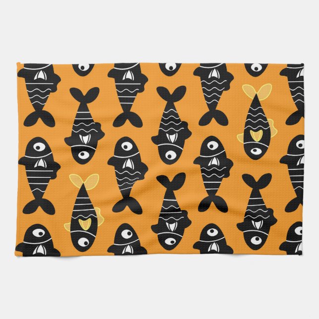 Quirky Seamless Black Fish Pattern Küchentücher (Horizontal)