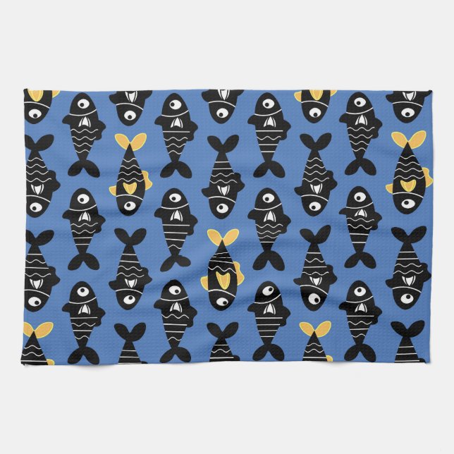 Quirky Seamless Black Fish Pattern Küchentücher (Horizontal)