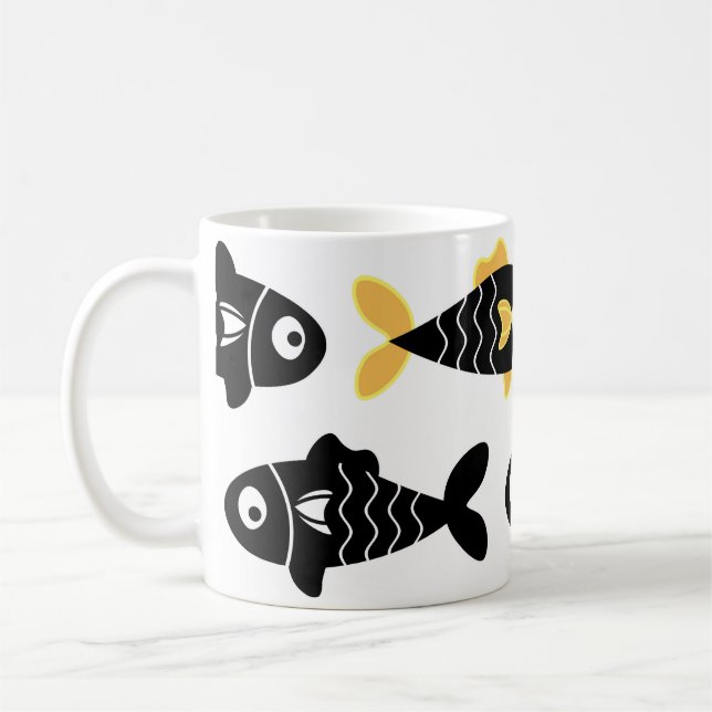 Quirky Seamless Black Fish Pattern mit Gelb Kaffeetasse (Links)