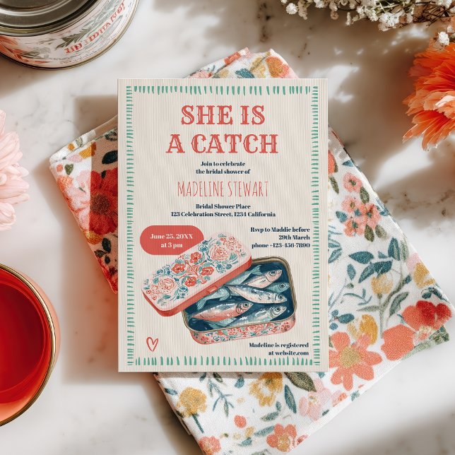 Quirky She Is A Catch Sardine Social Bridal Shower Einladung (Quirky She Is A Catch Sardine Social Bridal Shower Invitation)