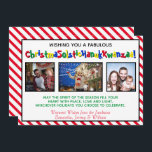 Quirky Spaß Drei Foto inklusive Whimsical Feiertagskarte<br><div class="desc">Diese lustige, eigenartige Urlaubskarte enthält drei Fotos und eine humorvolle, politisch korrekte Unterschrift mit dem Titel "Wünscht euch eine fabelhafte ChristmaSolsticHanukKwanzaa!" - die Wörter Weihnachten, Solstice, Hanukka und Kwanzaa in ein langes lustiges Wort vermischt. Der Hintergrund ist rot und weiß, und die Botschaft lautet: "Möge der Geist der Saison das...</div>