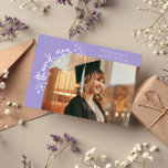 Quirky Stars Lilac Grad Photo Thank You Ankündigung<br><div class="desc">Quirky and whimsical graduation announcement photo card featuring a photo on the front and 1 on the back. The text says "thank you" in quirky hand writing with stars and confettis. Add the graduate's name,  information,  and message to personalize this card. Lilac.</div>