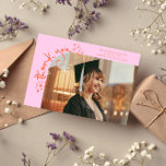 Quirky Stars Orange Pink Grad Photo Thank You Ankündigung<br><div class="desc">Quirky and whimsical graduation announcement photo card featuring a photo on the front and 1 on the back. The text says "thank you" in quirky hand writing with stars and confettis. Add the graduate's name,  information,  and message to personalize this card. Orange and pink.</div>