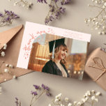 Quirky Stars Peach Grad Photo Thank You Ankündigung<br><div class="desc">Quirky and whimsical graduation announcement photo card featuring a photo on the front and 1 on the back. The text says "thank you" in quirky hand writing with stars and confettis. Add the graduate's name,  information,  and message to personalize this card. Peach.</div>