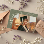 Quirky Stars Sage Green Grad Photo Thank You Ankündigung<br><div class="desc">Quirky and whimsical graduation announcement photo card featuring a photo on the front and 1 on the back. The text says "thank you" in quirky hand writing with stars and confettis. Add the graduate's name,  information,  and message to personalize this card. Sage green.</div>