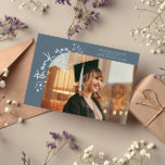 Quirky Stars Slate Blue Grad Photo Thank You Ankündigung<br><div class="desc">Quirky and whimsical graduation announcement photo card featuring a photo on the front and 1 on the back. The text says "thank you" in quirky hand writing with stars and confettis. Add the graduate's name,  information,  and message to personalize this card. Slate blue.</div>