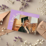Quirky Stars Wisteria Grad Photo Thank You Ankündigung<br><div class="desc">Quirky and whimsical graduation announcement photo card featuring a photo on the front and 1 on the back. The text says "thank you" in quirky hand writing with stars and confettis. Add the graduate's name,  information,  and message to personalize this card. Wisteria.</div>
