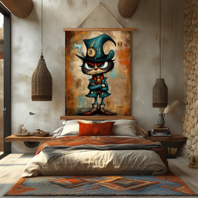 Quirky Steampunk Bitcoin Character Art Wandteppich Mit Holzrahmen (Von Creator hochgeladen)