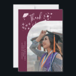 Quirky Thank You Stars Cranberry Graduate Photo Ankündigung<br><div class="desc">Quirky and whimsical graduation announcement photo card featuring a curved photo on the front and 1 on the back. The text says "Thank You" with hand drawn stars and a graduation cap. Add the graduate's name,  information,  and message to personalize this card. Cranberry background.</div>