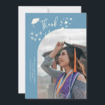 Quirky Thank You Stars Denim Blue Graduate Photo Ankündigung<br><div class="desc">Quirky and whimsical graduation announcement photo card featuring a curved photo on the front and 1 on the back. The text says "Thank You" with hand drawn stars and a graduation cap. Add the graduate's name,  information,  and message to personalize this card. Denim Blue background.</div>