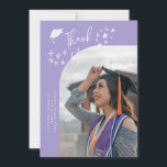 Quirky Thank You Stars Lilac Graduate Photo Ankündigung<br><div class="desc">Quirky and whimsical graduation announcement photo card featuring a curved photo on the front and 1 on the back. The text says "Thank You" with hand drawn stars and a graduation cap. Add the graduate's name,  information,  and message to personalize this card. Lilac background.</div>