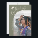 Quirky Thank You Stars Sage Green Graduate Photo Ankündigung<br><div class="desc">Quirky and whimsical graduation announcement photo card featuring a curved photo on the front and 1 on the back. The text says "Thank You" with hand drawn stars and a graduation cap. Add the graduate's name,  information,  and message to personalize this card. Sage green background.</div>