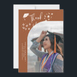 Quirky Thank You Stars Terracotta Graduate Photo Ankündigung<br><div class="desc">Quirky and whimsical graduation announcement photo card featuring a curved photo on the front and 1 on the back. The text says "Thank You" with hand drawn stars and a graduation cap. Add the graduate's name,  information,  and message to personalize this card. Terracotta background.</div>