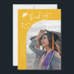 Quirky Thank You Stars Yellow Graduate Photo Ankündigung<br><div class="desc">Quirky and whimsical graduation announcement photo card featuring a curved photo on the front and 1 on the back. The text says "Thank You" with hand drawn stars and a graduation cap. Add the graduate's name,  information,  and message to personalize this card. Yellow background.</div>