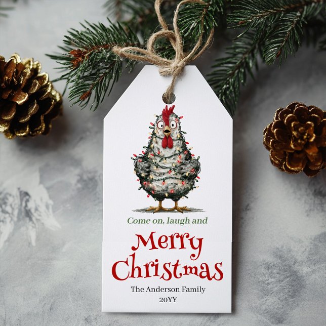 Quirky Watercolor Chickens Christmas Labels Geschenkanhänger (Quirky Watercolor Chickens Christmas Label)