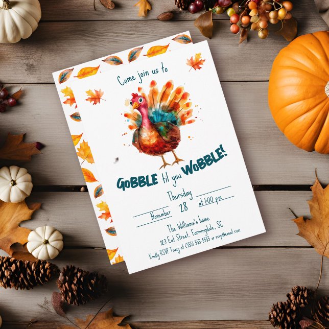 Quirky Watercolor Türkei Erntedank Einladung (Watercolor "Gobble til you Wobble" invitation with fall leaves and white background)