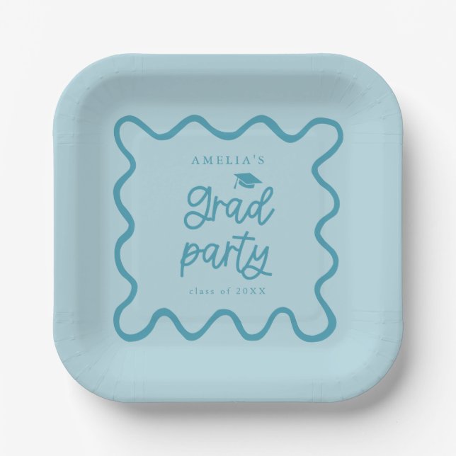 Quirky Wavy Line Blue Grad Party Pappteller (Vorderseite)
