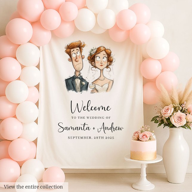 Quirky Wedding Tapestry Watercolor Newlyweds Party Wandteppich (Quirky Wedding Tapestry Watercolor Newlyweds Party Decor)