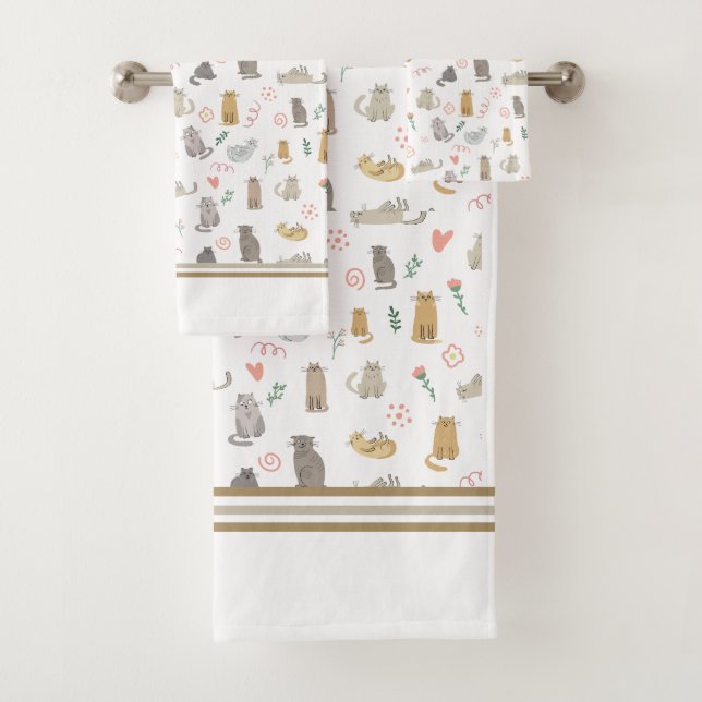Quirky Whimsical Cats Muster Illustration Badhandtuch Set (Insitu)