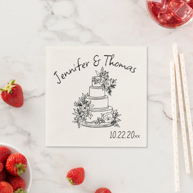 Quirky Whimsical Hand Drawn Doodle Cake Wedding Serviette (Beispiel)