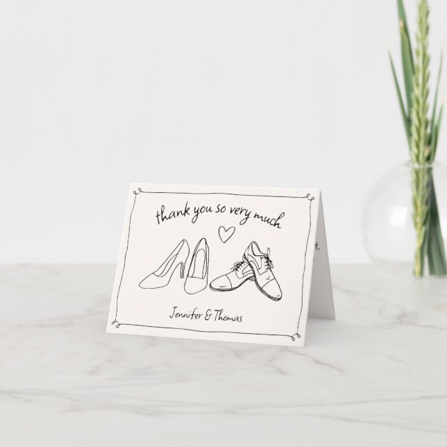 Quirky Whimsical Hand Drawn Doodle Shoes Hochzeit Dankeskarte (Vorderseite)