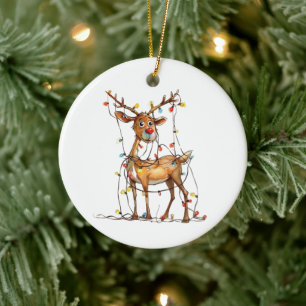 Quirky Whimsical Red Nosed Rentier mit Licht Keramik Ornament