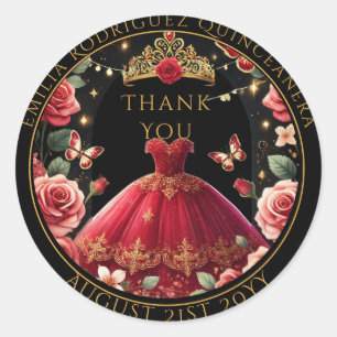 Quniceanera Fvor Bag Rote Rosen Blumendanke Runder Aufkleber