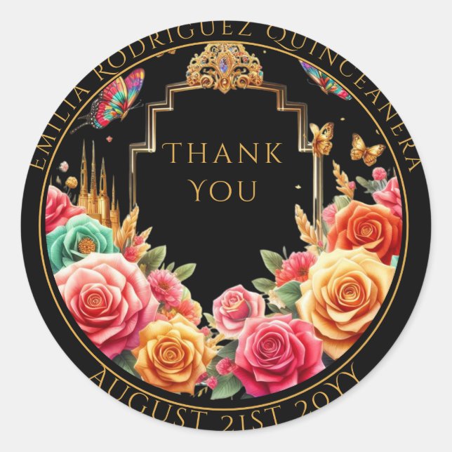 Quniceanera Fvor Bag Rote Rosen Blumendanke Runder Aufkleber (Vorderseite)