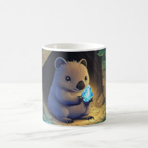 Quokka-Cartoon mit einem leuchtend grünen Kristall Kaffeetasse