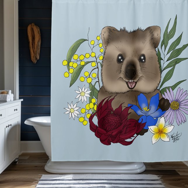 Quokka Happy Australia Floral Blue Duschvorhang (Von Creator hochgeladen)