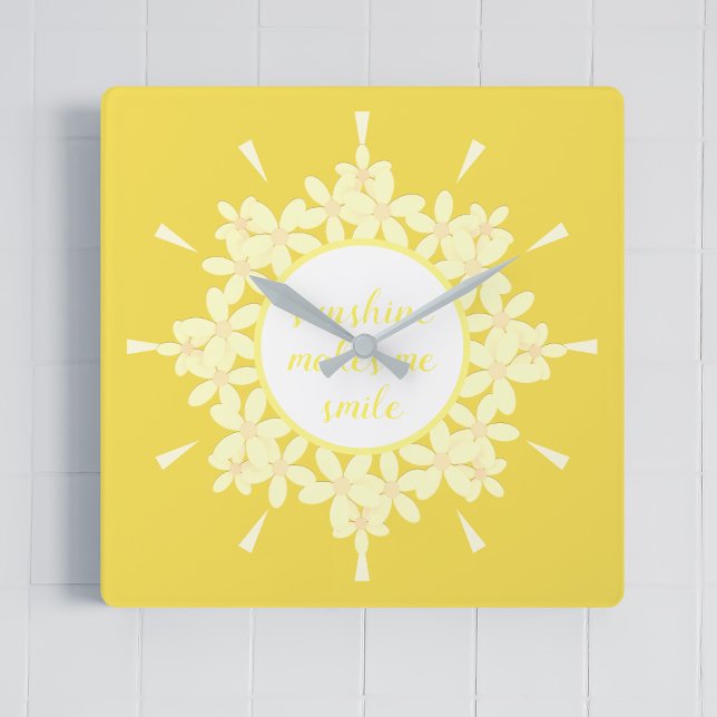 Quote Sunshine Yellow Daisy Flower Wall Clock Quadratische Wanduhr (A cheery and bright sunshine yellow with space for your own quote. Sunshine makes me smile)