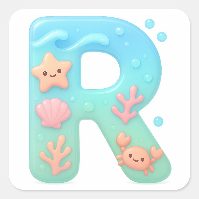 "R" Cute Letter - Underwater Sea Creature  Quadratischer Aufkleber (Vorderseite)