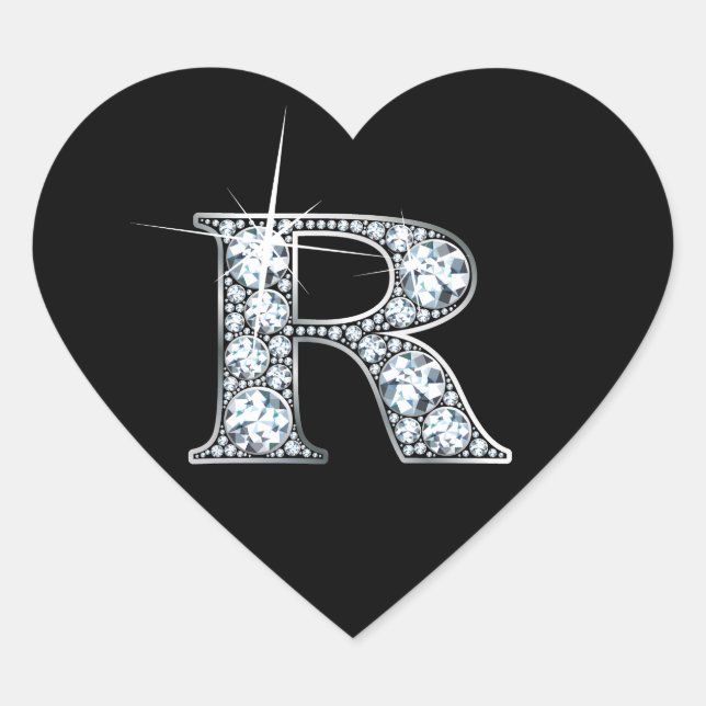"R" Diamant Bling auf Schwarz-Herz-Aufkleber Herz-Aufkleber (Vorderseite)