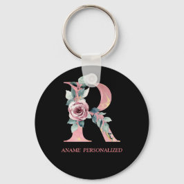 R Floral Monogram Name Letters Pink Agate Keychain Schlüsselanhänger
