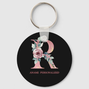 R Floral Monogram Name Letters Pink Agate Keychain Schlüsselanhänger