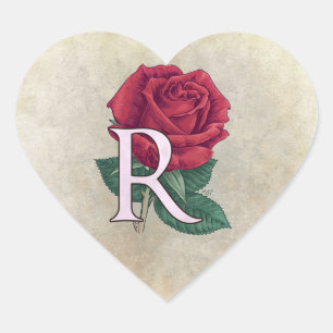 R für Rose Blume Monogramm Herz-Aufkleber