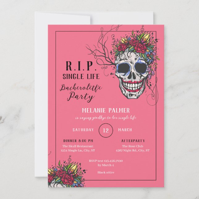 R.I.P. Skull & Rose Junggeselinnen-Abschied Einlad Einladung (Vorderseite)
