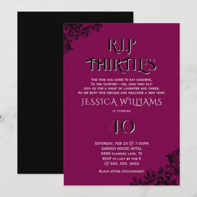 R.I.P. Thirties, Gothic 40th Birthday  Einladung (Vorne/Hinten)