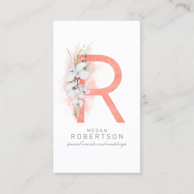 R Letter Monogram White Orchias and Pampas Grass Visitenkarte (Vorderseite)