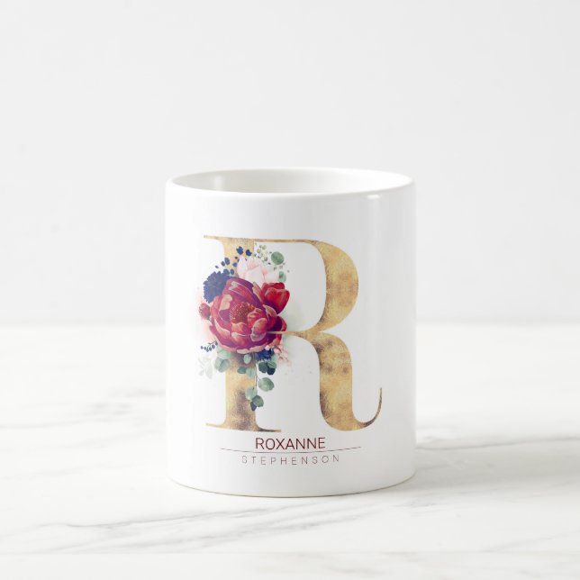 R Monogram Floral Burgund Red and Navy Blue Kaffeetasse (Mittel)