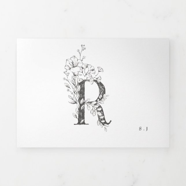 'R' Monogram Schöne gezeichnete Blumenhochzeit Dreifach Gefaltete Einladung (Cover)