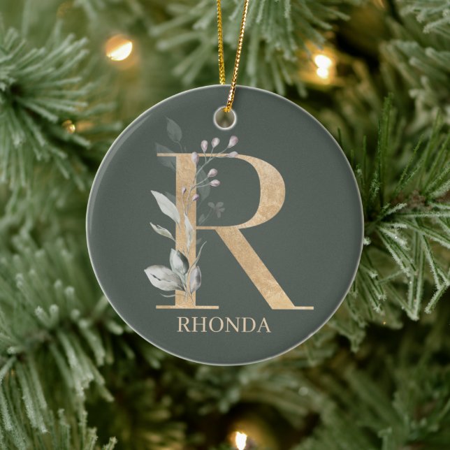 R Monogramm Floral Personalisiert Keramik Ornament (Baum)