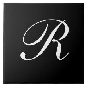 R Monogramm Initial White auf Schwarz Fliese