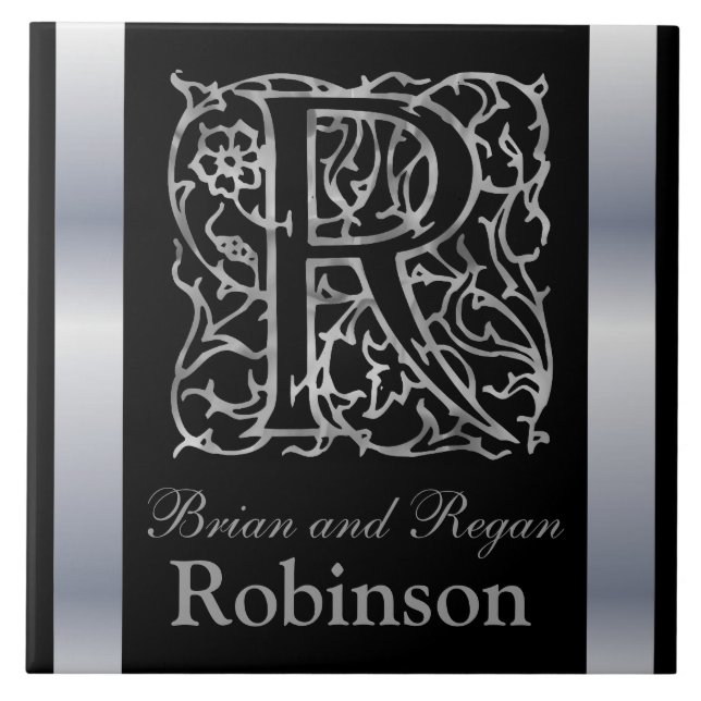 R Monogramm und Name "Besque on Black" Keramik Til Fliese (Vorderseite)