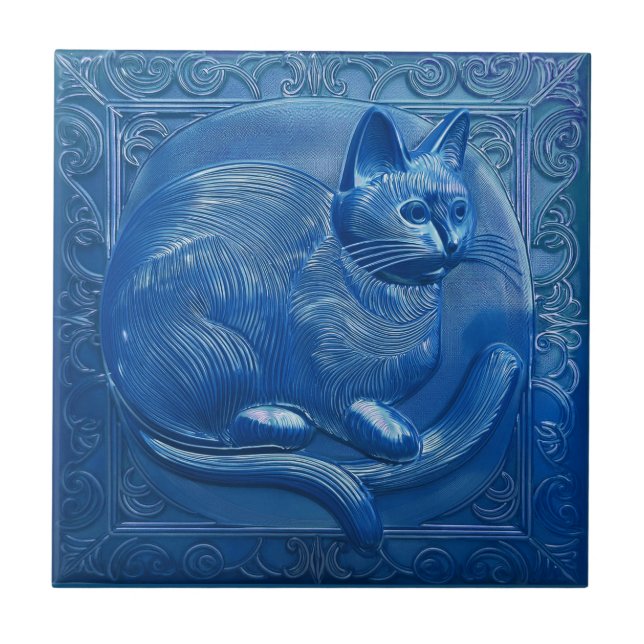 R Navy Blue Imitats Relief Art Nouveau Cat Fliese (Vorderseite)