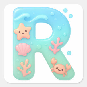 "R" Süßer Buchstabe - Unterwasser-Meereskreatur  Quadratischer Aufkleber