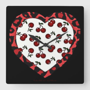 RAB Kirschen Leopard Print Heart Rockabilly Quadratische Wanduhr