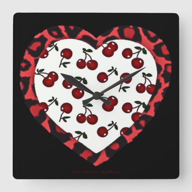 RAB Kirschen Leopard Print Heart Rockabilly Quadratische Wanduhr (Vorderseite)