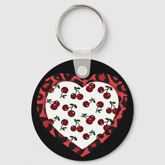 RAB Kirschen Leopard Print Heart Rockabilly Schlüsselanhänger (Vorderseite)